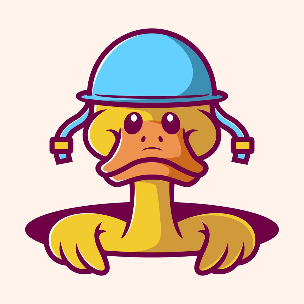 Cartoon duck in the hole wearing helmet, duck logo template vector