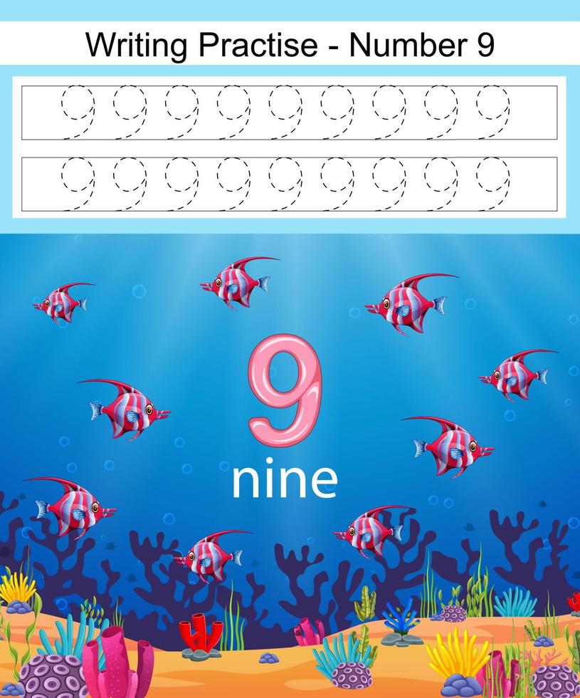 the writing practices number 9 with fish in underwater vector