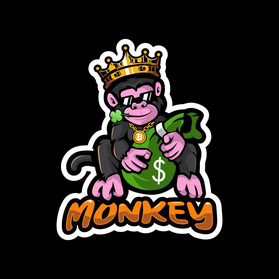 King Monkey Holding Money Bag Biting Clover Leaf Wearing Bitcoin Necklace Cartoon Mascot Logo vector