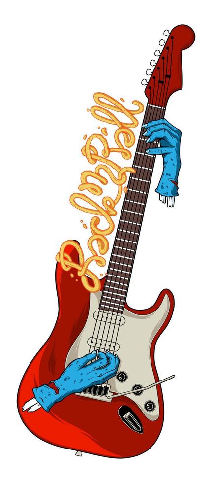 Rock n roll lettering. Guitar and Zombie hand. T-shirt design. Vector illustration