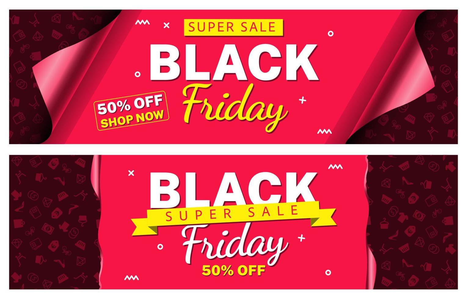 Black Friday Poster or banner with open gift wrap paper and shopping icons concept.Vector illustration. Long banner set vector