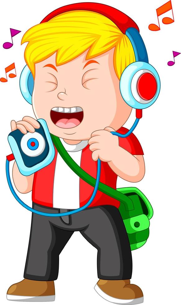 Little boy listening to music and singing vector