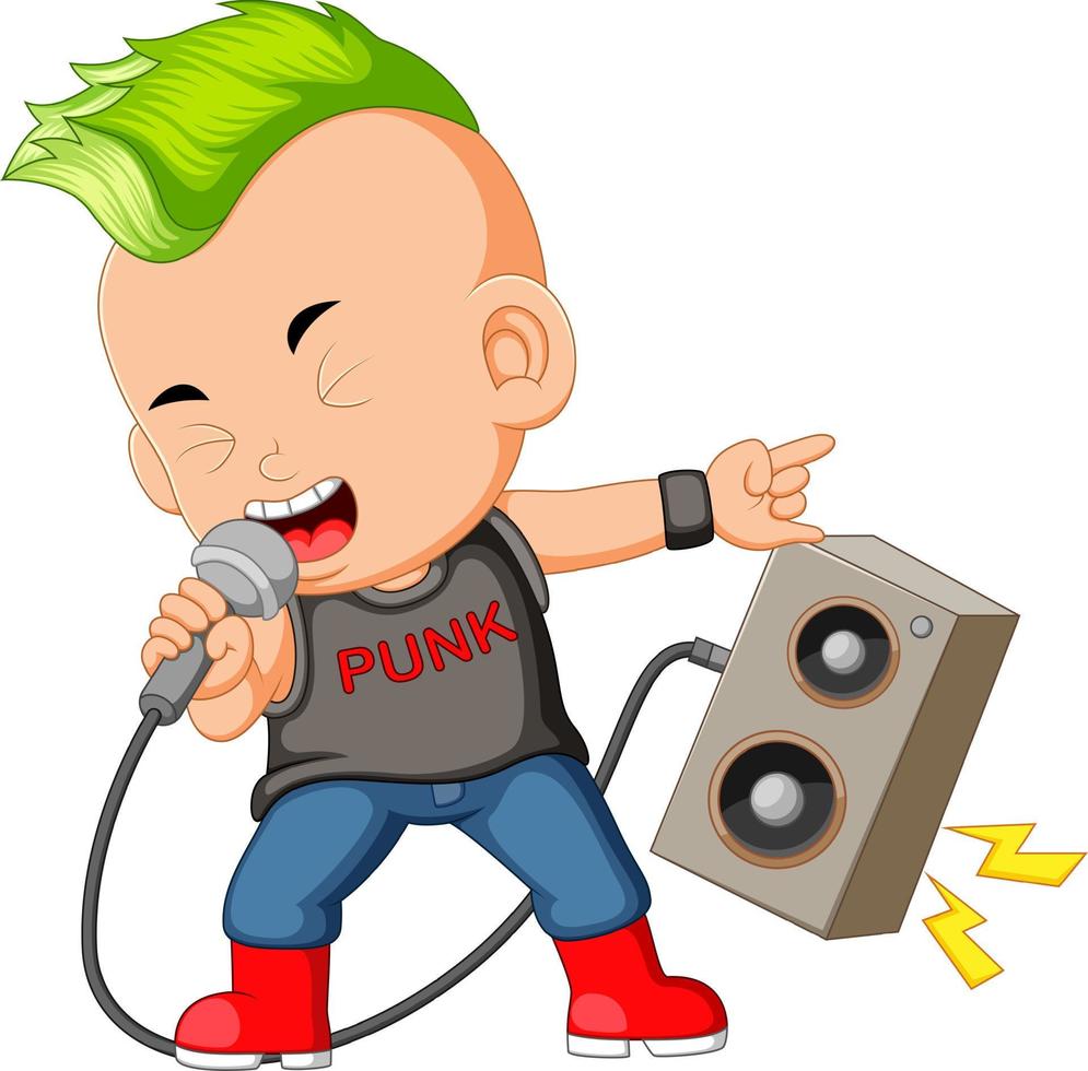 A Boy Dressed as a Rock star Singing in front of a Loudspeaker vector