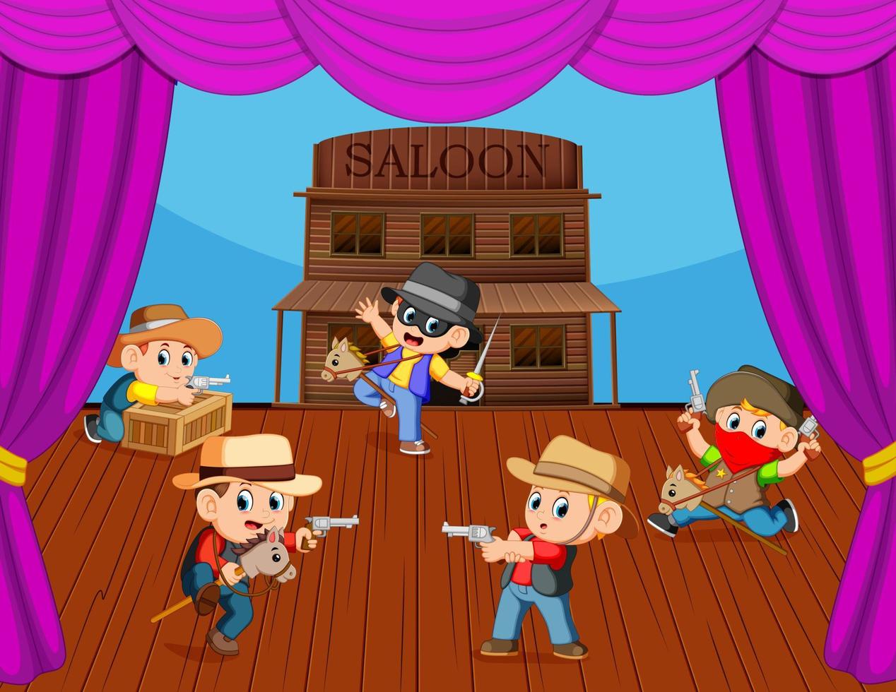 Cowboy kids on stage with acting vector