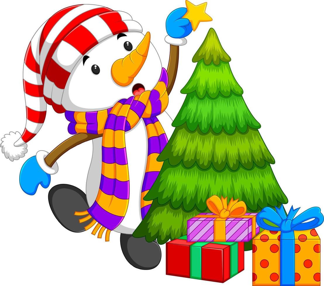 a big snowman is putting a yellow star on the christmas tree vector