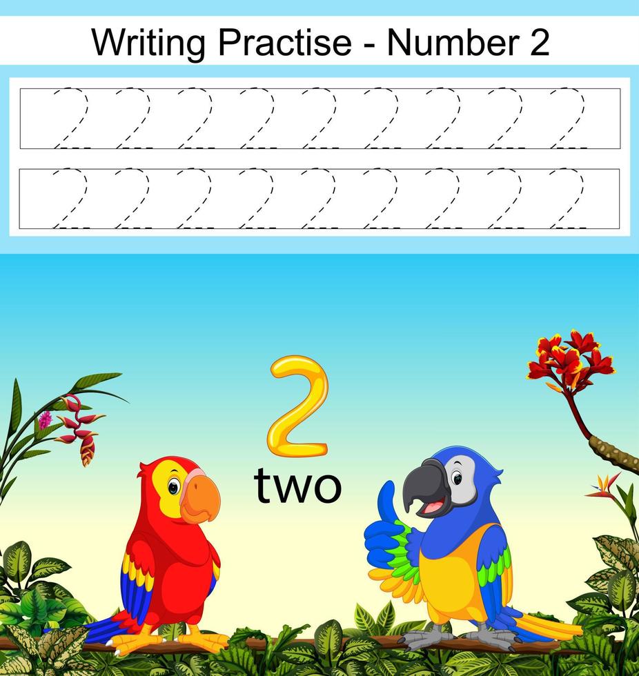 la escritura practica el numero 2 con dos hermosos loros debajo vector