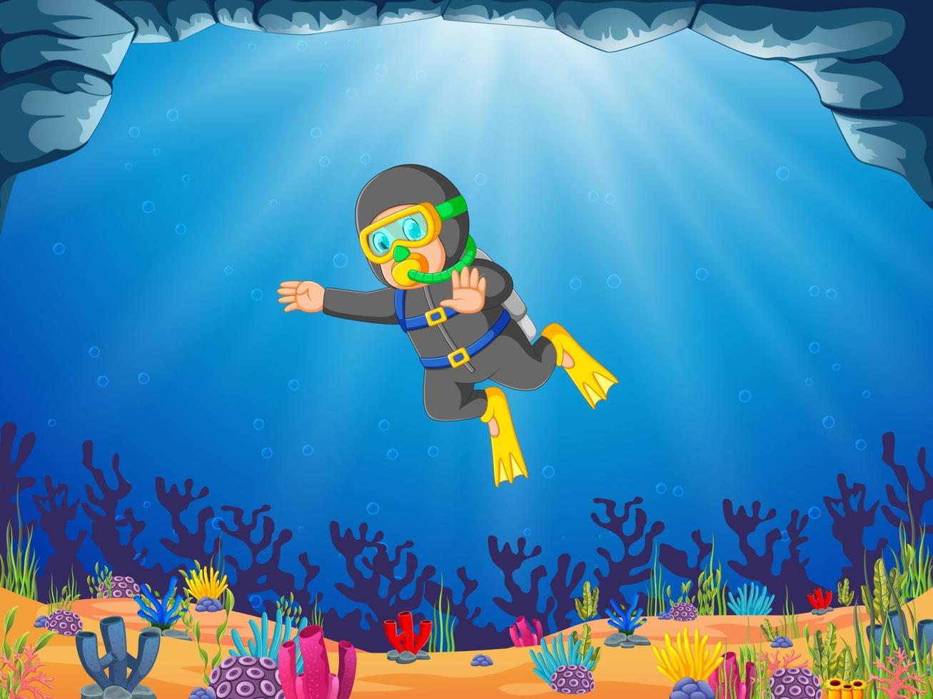 a man is diving under the blue ocean background using the oxygen tube vector