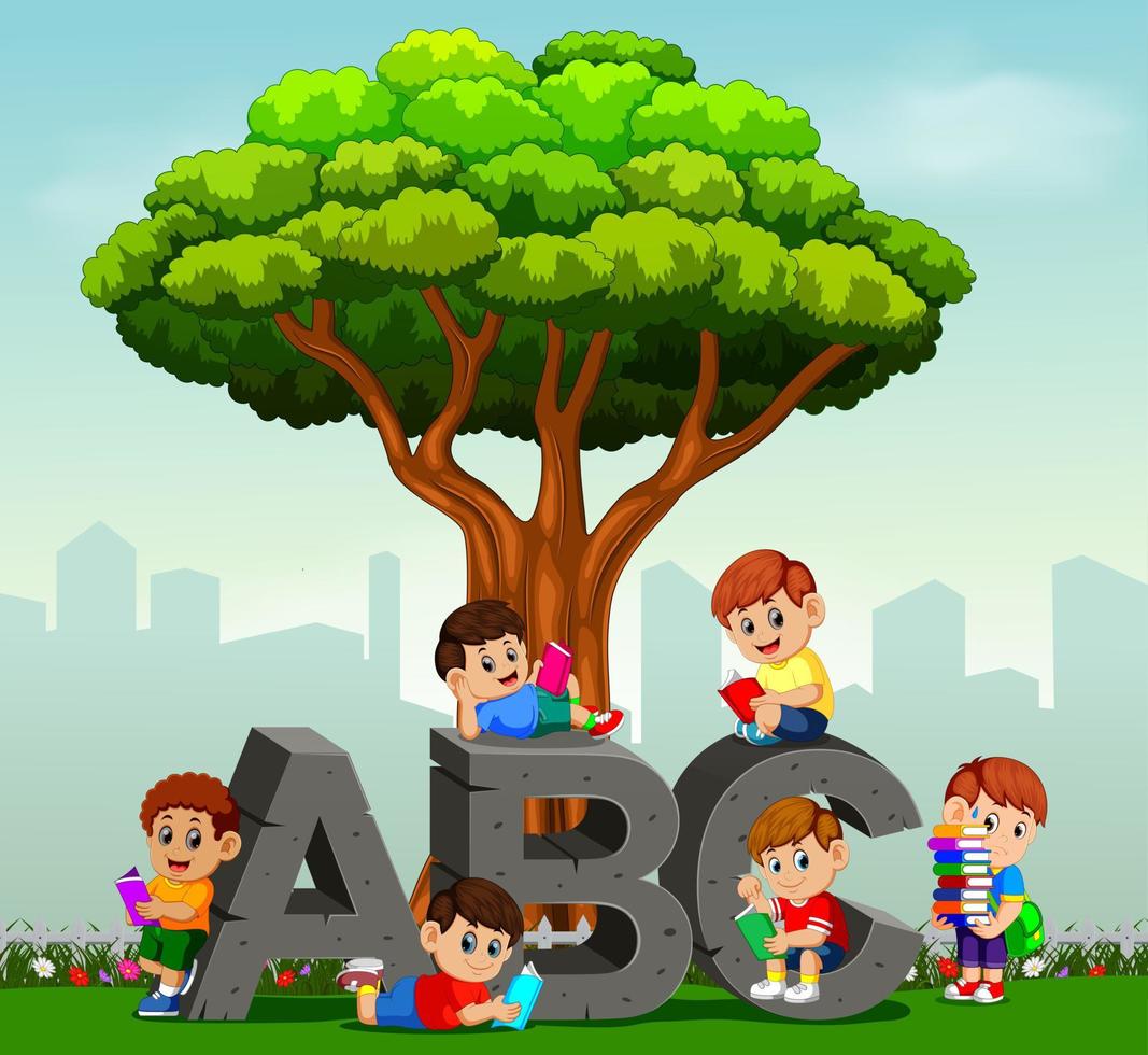 kids reading books in park vector