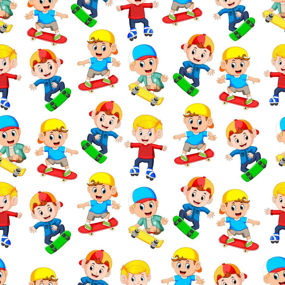 Seamless pattern with happy boys playing skateboard vector