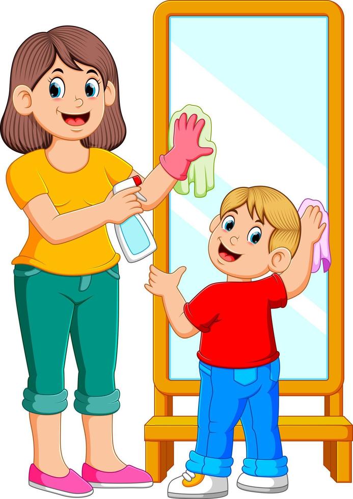 Mother and son cleaning the mirror using some spray vector