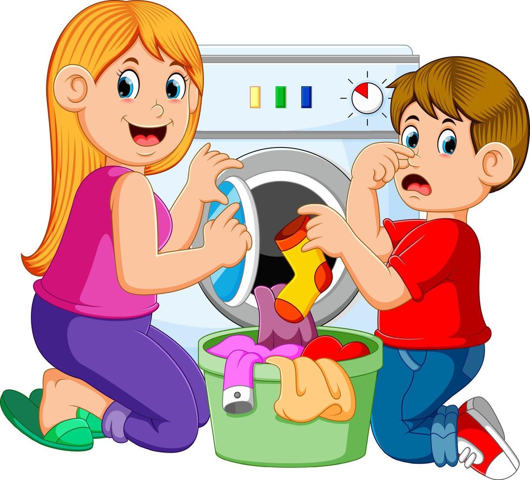 Mother And Son Doing Laundry vector