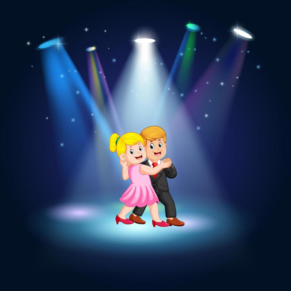 Young pretty woman and man in black suit dance tango at the stage vector