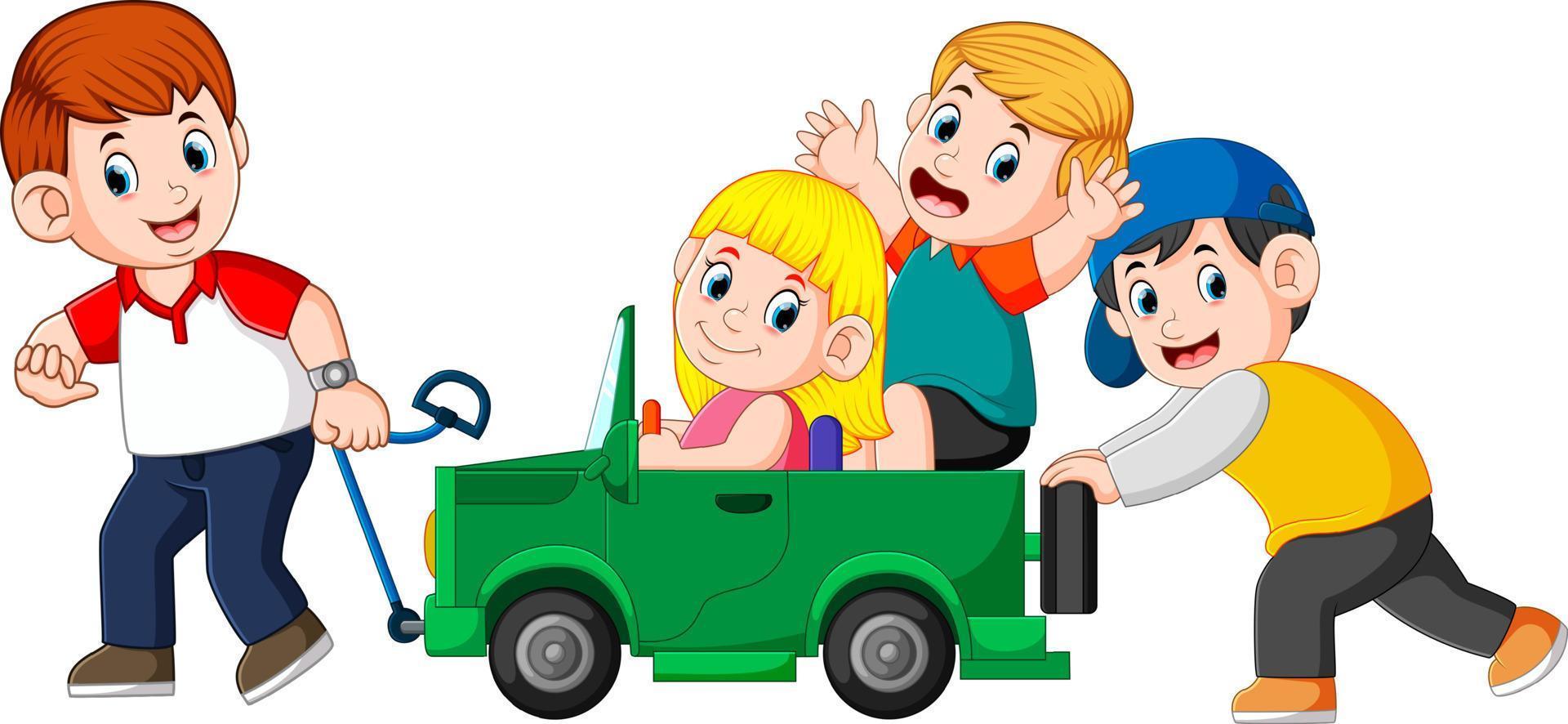 Dad and his child playing with big toy car vector