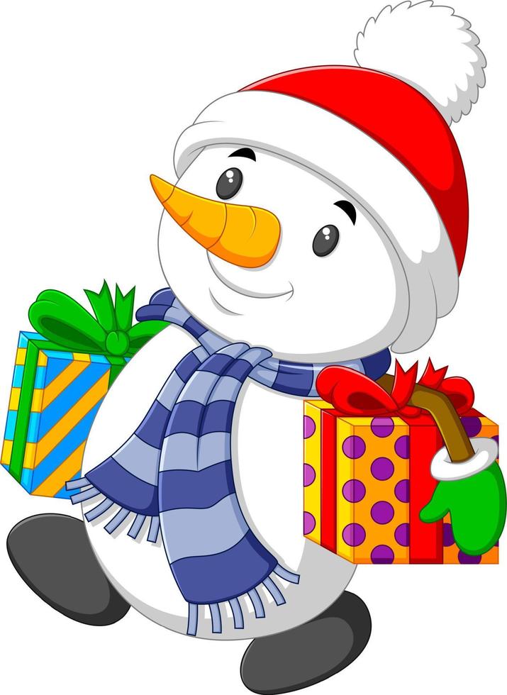 a kind snowman is carrying two big box gift for the christmas vector