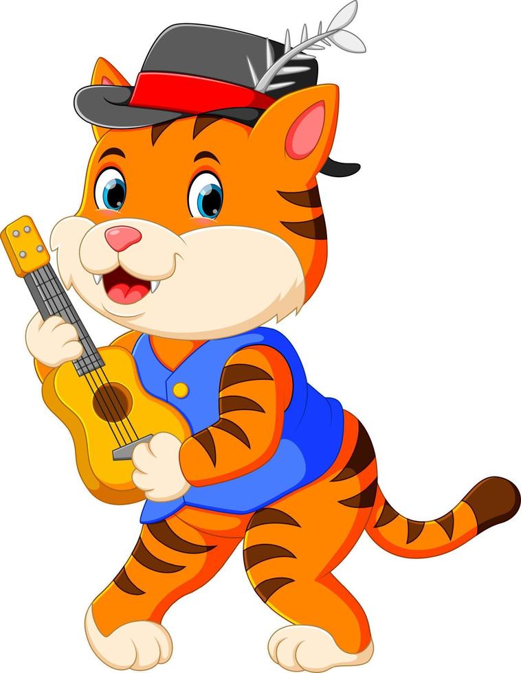 the cute tiger uses the black hat and playing the guitar vector