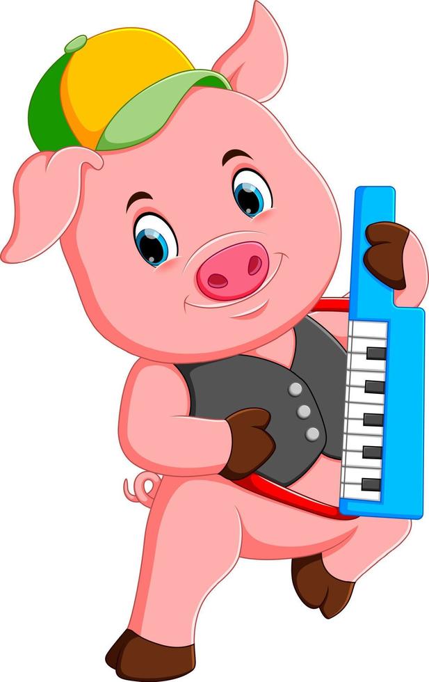 the pink pig uses the yellow and grey cap playing the piano vector