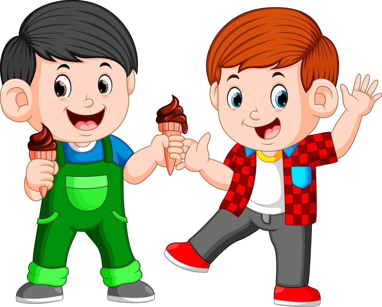 dos niños comiendo helado de chocolate en cono de gofres vector