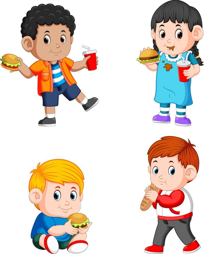 una colección de niños sosteniendo su comida rápida y refrescos con las manos vector