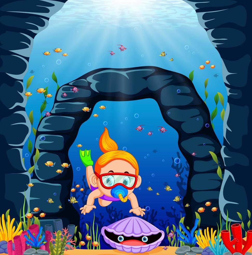 a beautiful girl with the red swimming glasses is catching the oyster vector