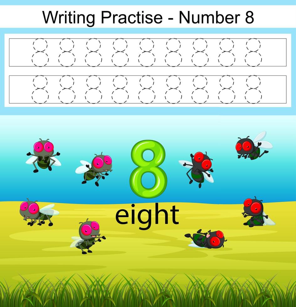 the writing practices number 8 with flies in the park vector