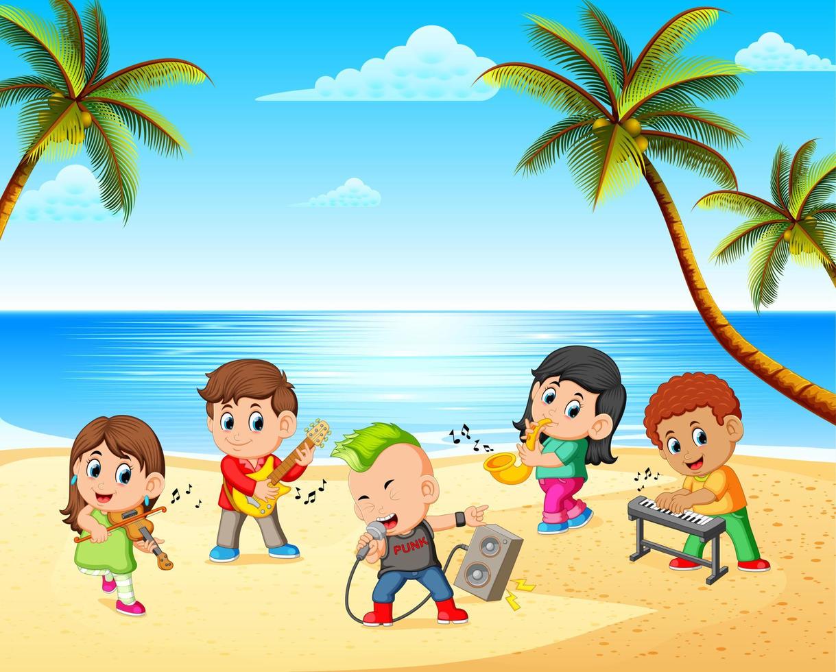 Boys and girls playing in band on the beach vector