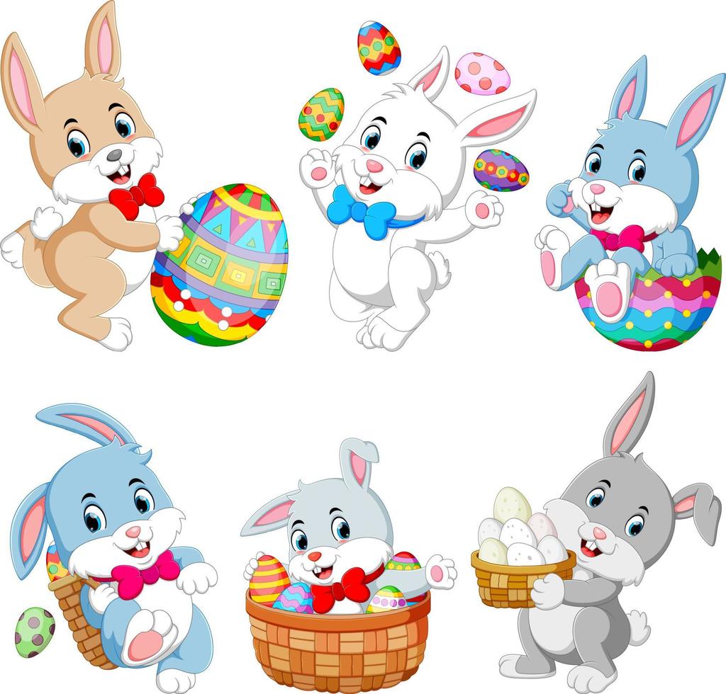 Set of cute Easter rabbits with Easter eggs vector