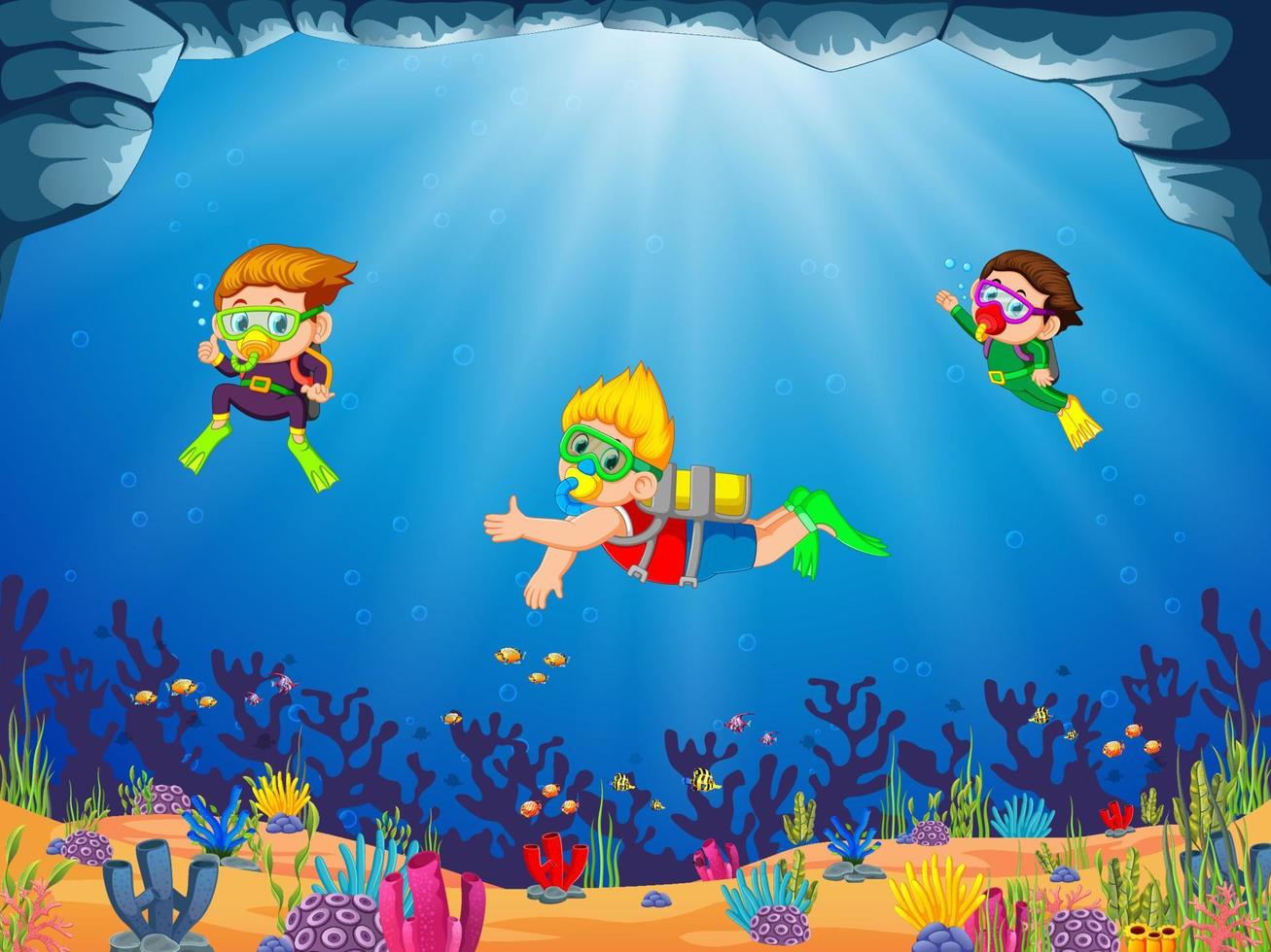a group of children are diving with their friend with different posing vector