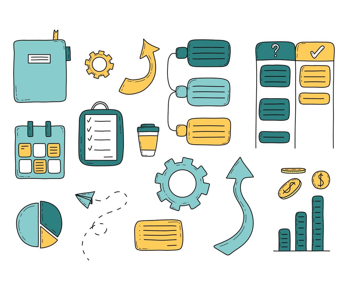 Doodle business and management icons bundle vector isolated