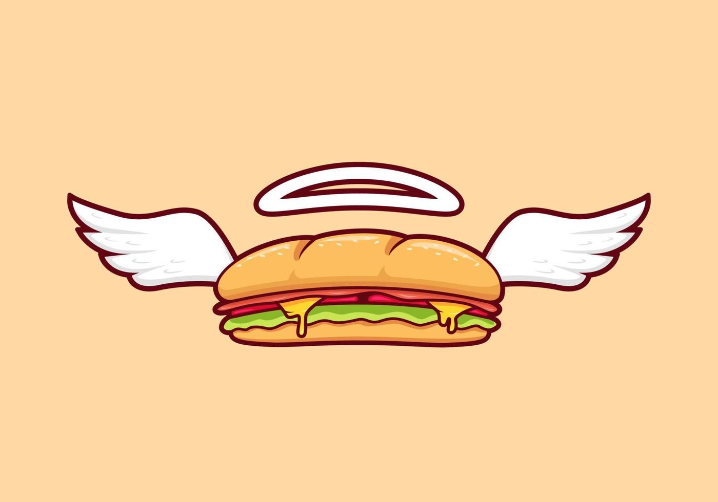 sándwich de baguette de pan submarino con ala voladora, sándwich de baguette de ángel con ilustración de pan de ala vector