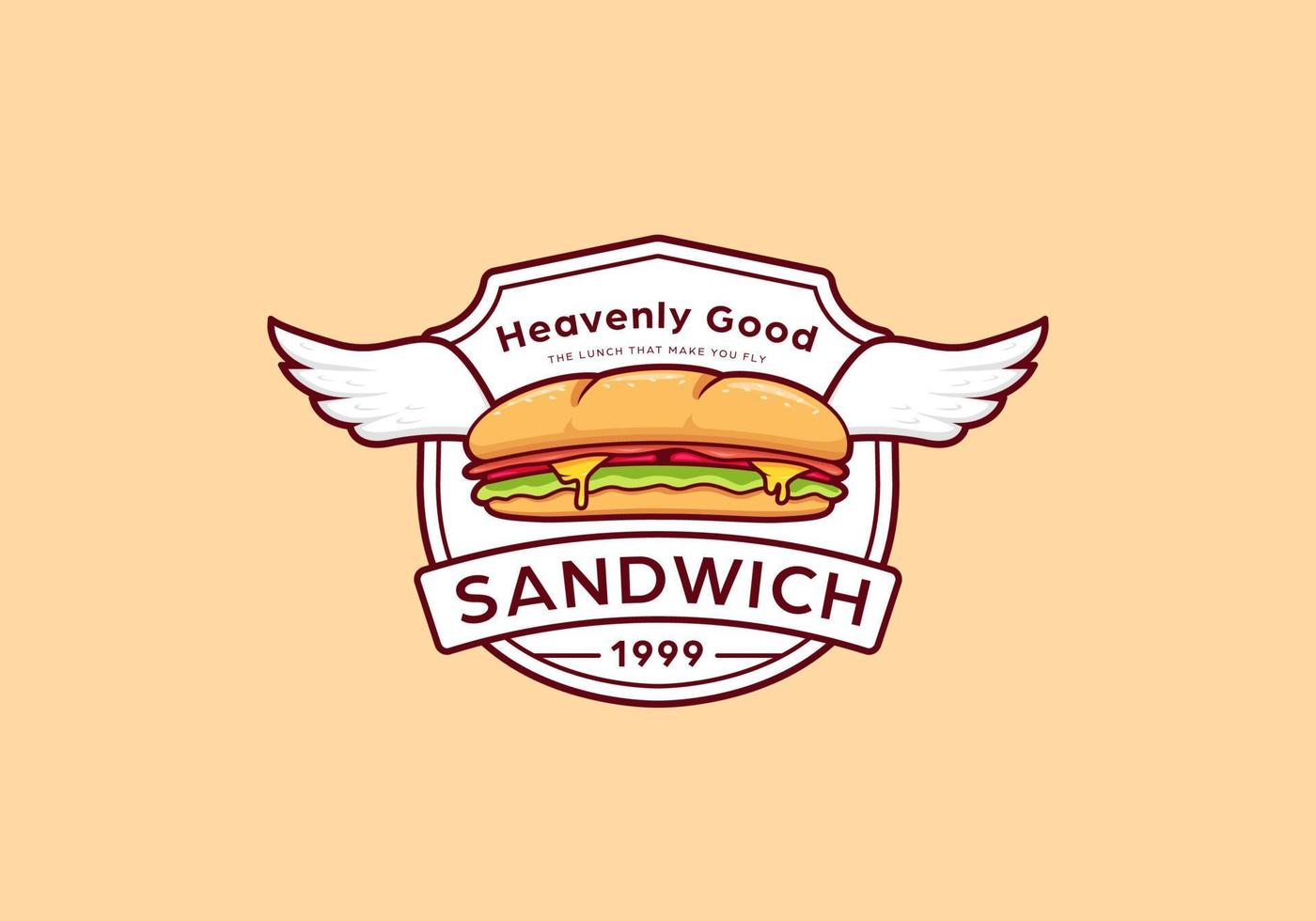 Sándwich submarino de baguette con plantilla de emblema de insignia de icono de logotipo de ala vector