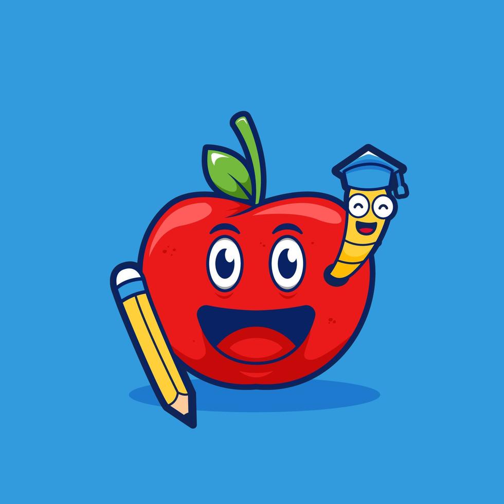 fruta de manzana inteligente y símbolo de gusano de educación ilustración de dibujos animados divertidos vector