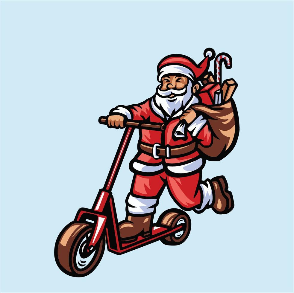 santa claus riding a scooter with gifts vector