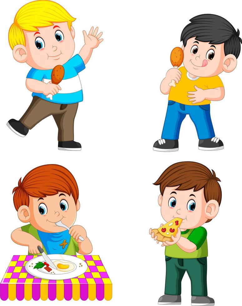 la colección del niño comiendo y sosteniendo la comida. vector