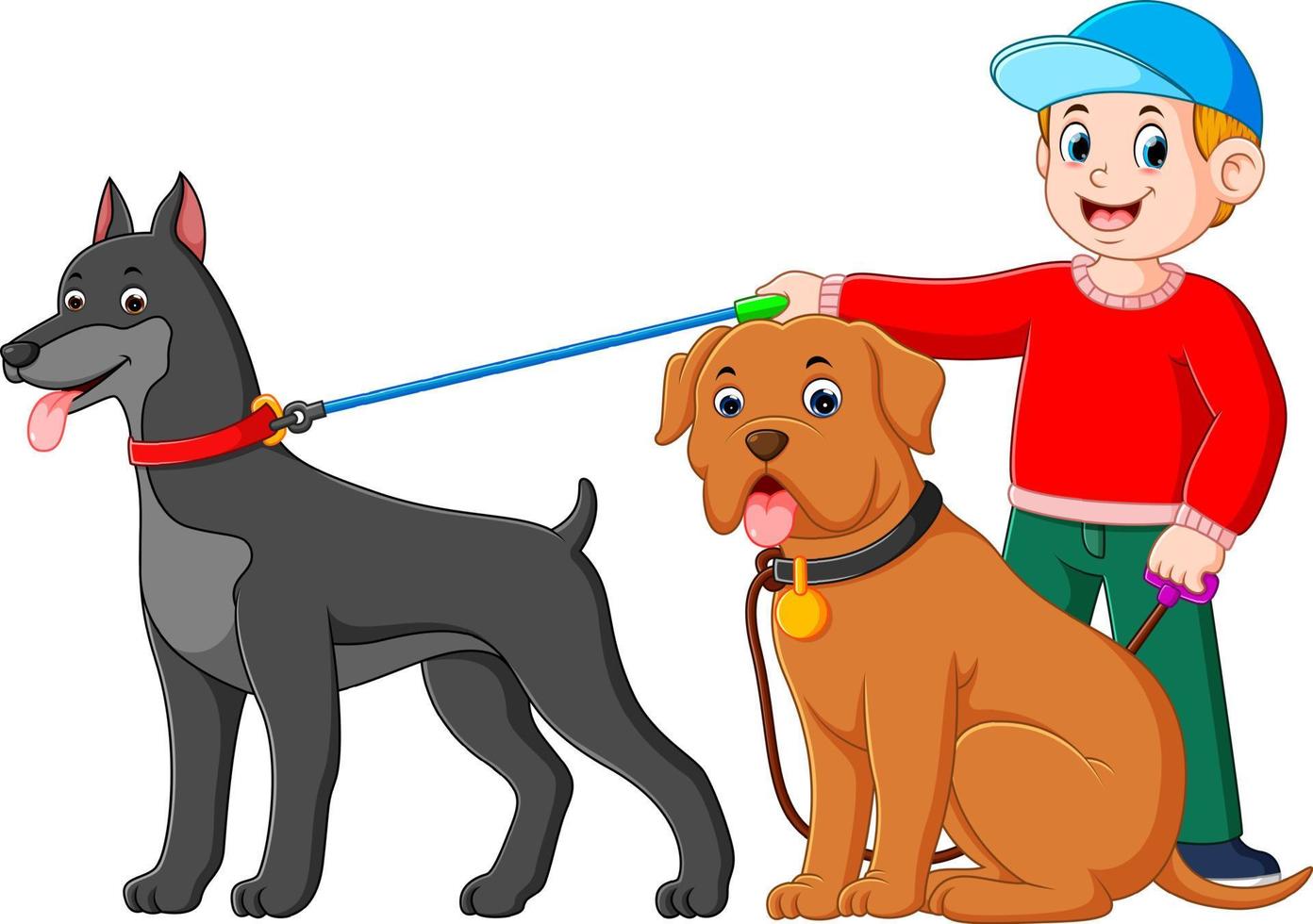 a boy using the red sweater is standing at the back of two big dog vector