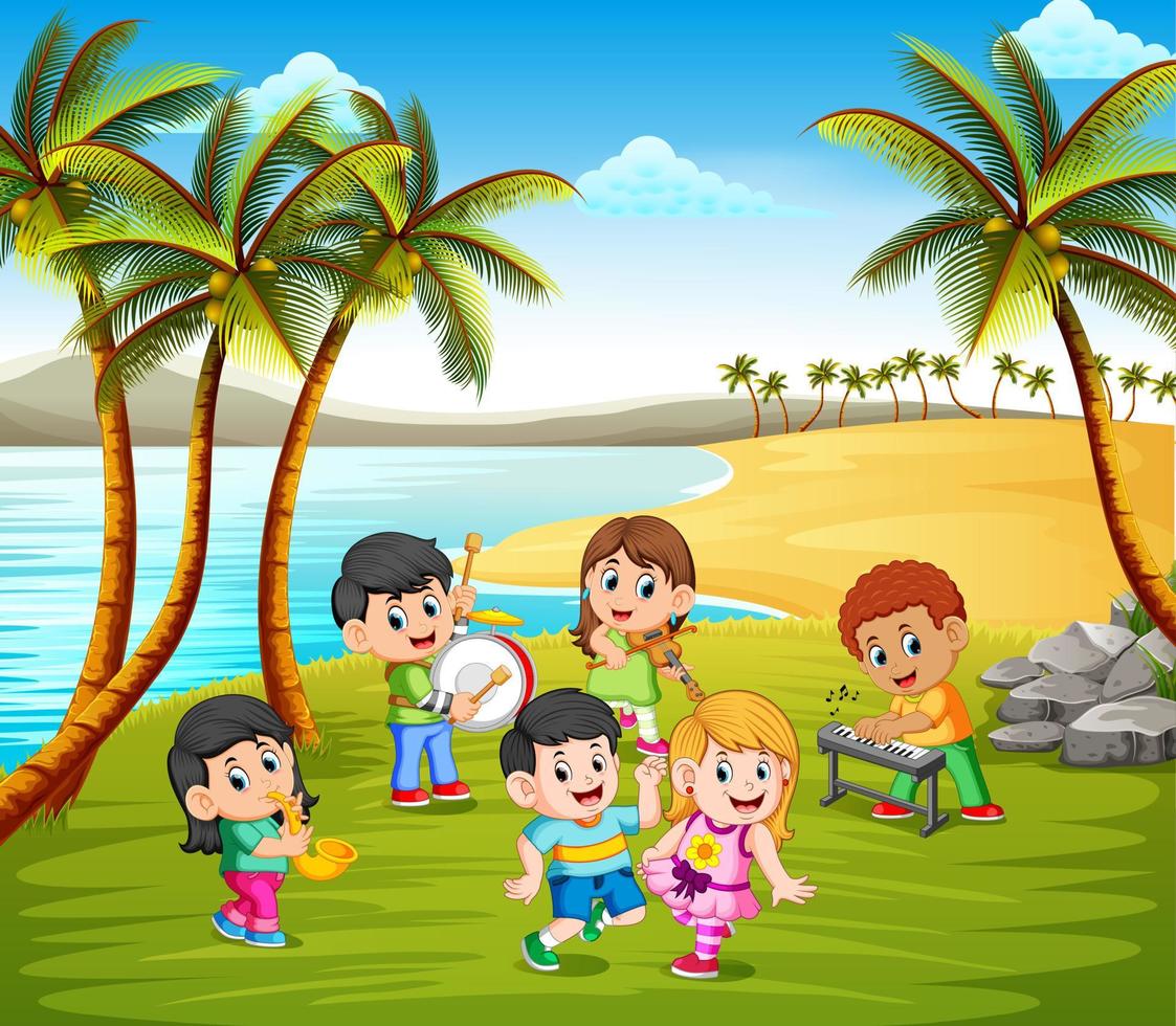 Happy kids playing in band on the beach vector