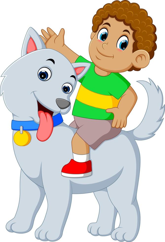 a little boy is on the big grey dog for playing vector