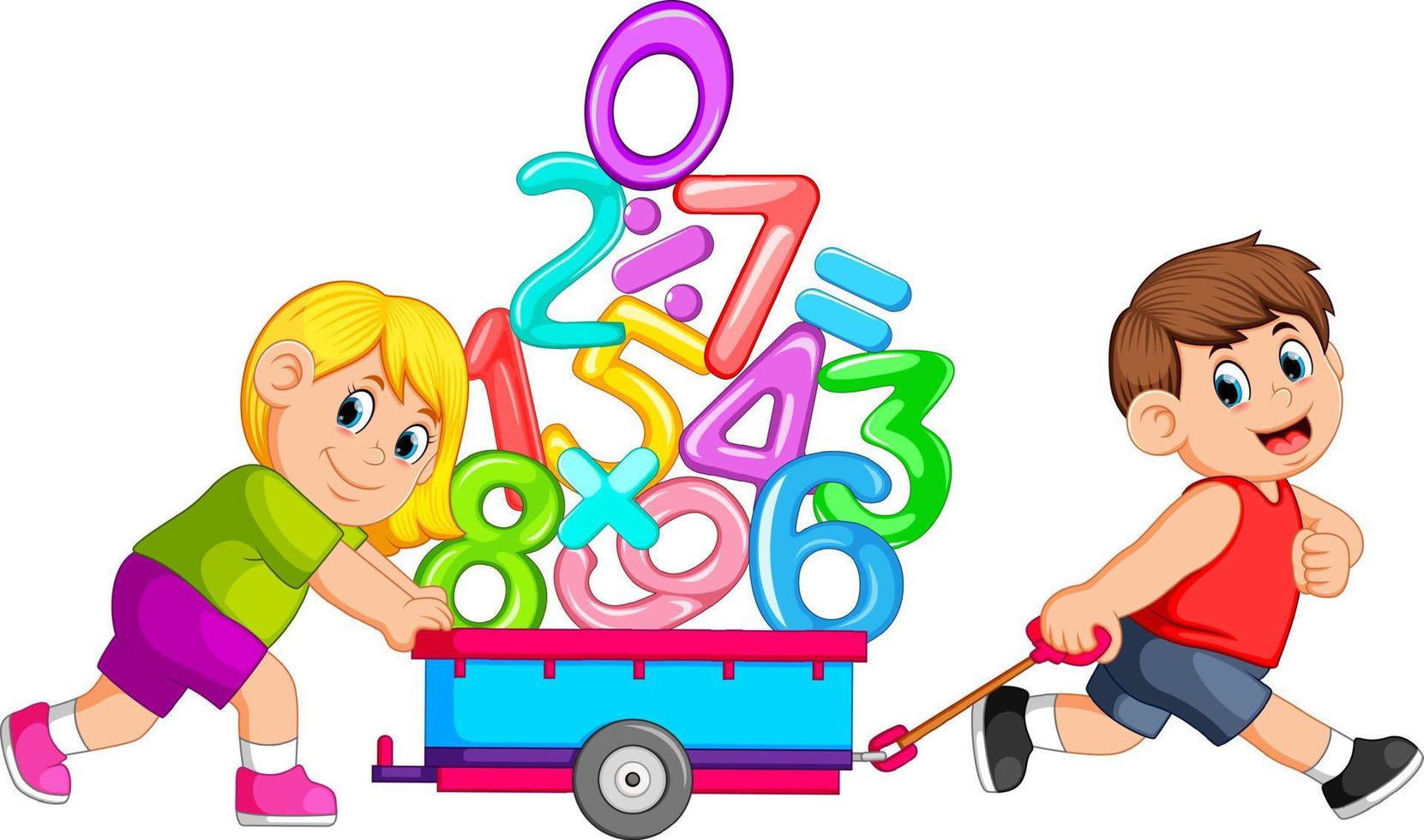 Boy pulling and girl pushing wagon of numbers vector