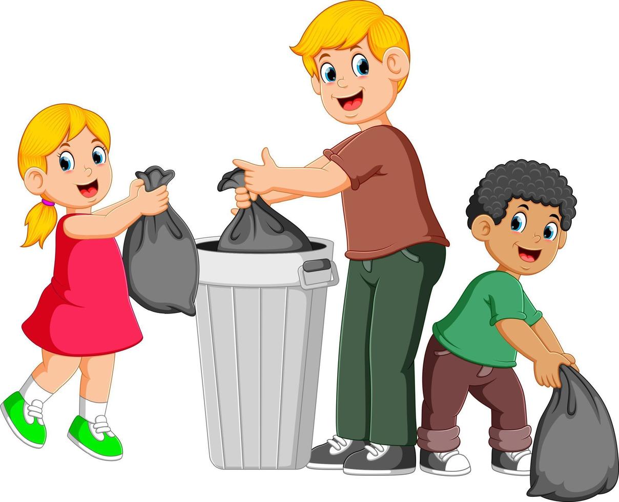 Father and his kids to throw away garbage vector