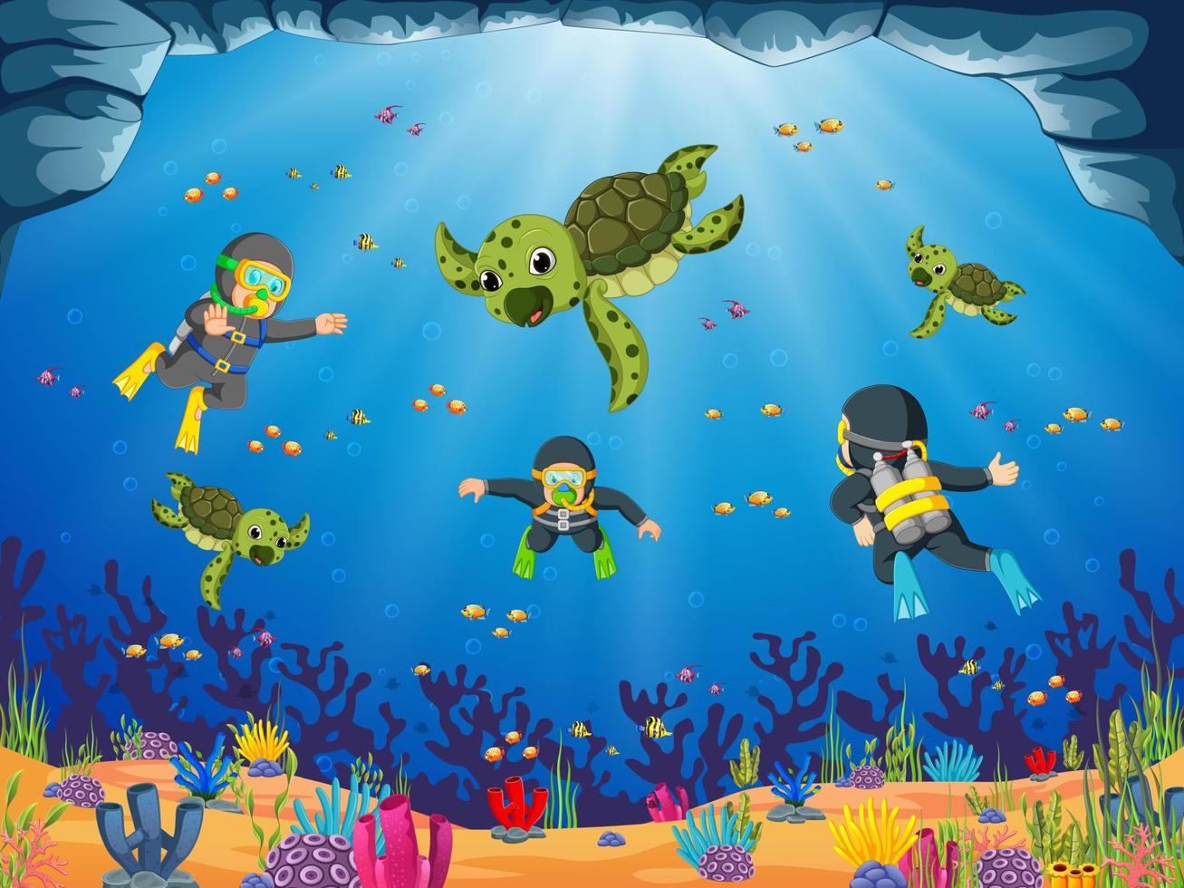 the professional diver are diving with the green turtle vector