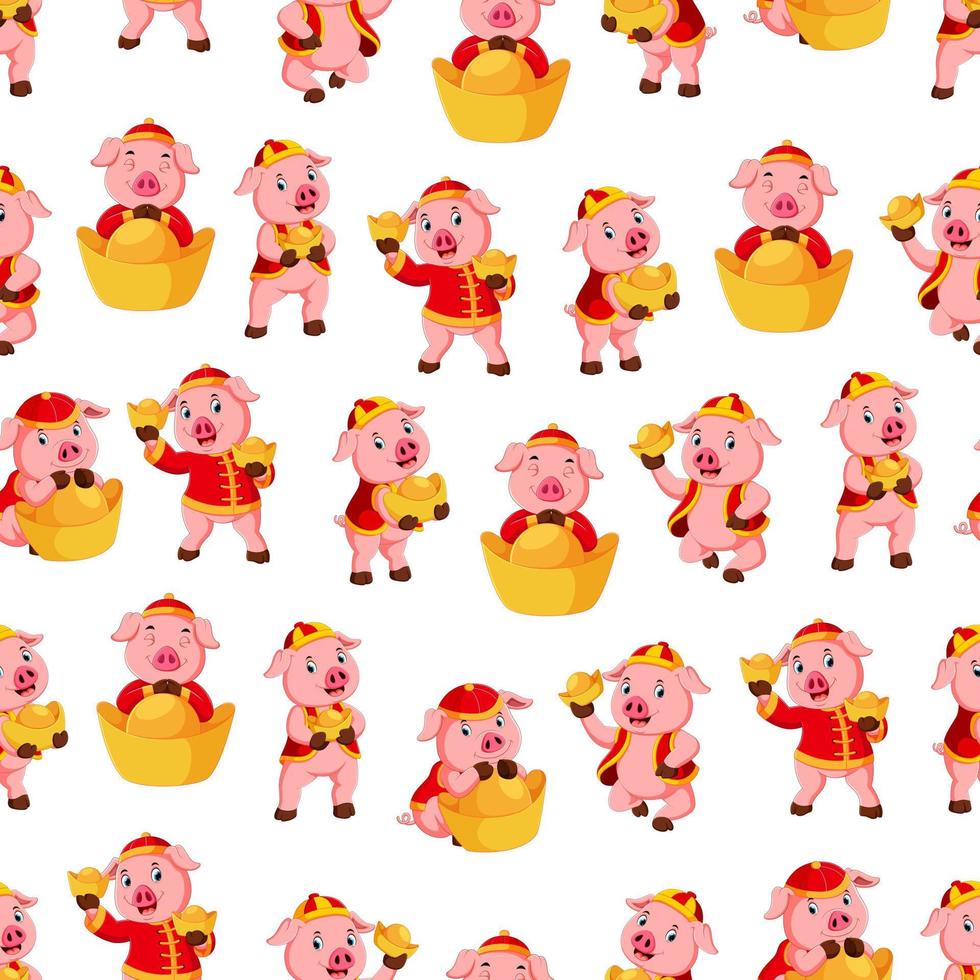 Seamless pattern with cute pink pig uses the red costume vector