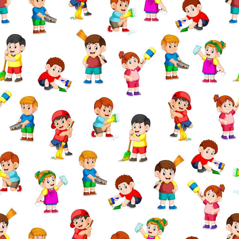 Seamless pattern with children holding the cleaning tools vector