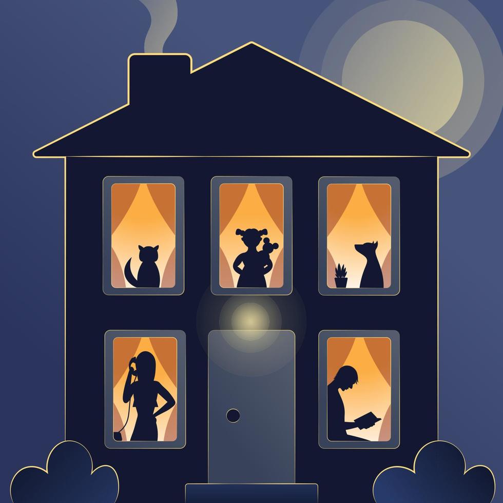 Family house. Home with windows. People silhouette in the windows. Night house windows vector illustration. Mother, father, cat, dog and daughter. Windows with light and shadows on it. Need privacy.