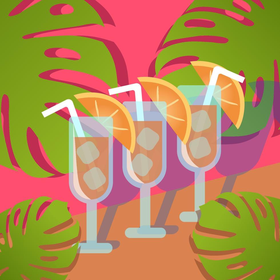 Tropical cocktails. Glasses with cocktails. Cocktails with orange slices. Colorful summer vector illustration. Summer drinks with ice cubes and juice straw. Big plant leaves. Exotic beverage.