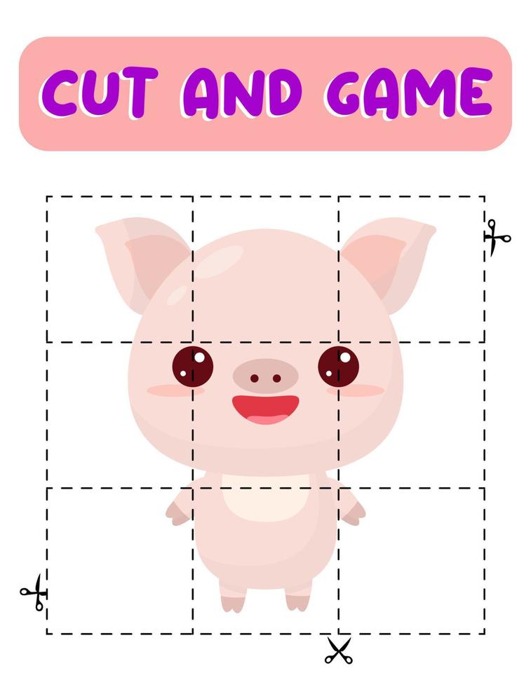 Cut and glue pig. Educational children game, printable worksheet.Puzzles with animals vector