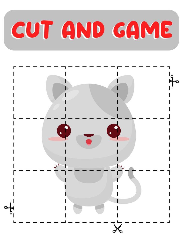 Cut and glue cat. Educational children game, printable worksheet.Puzzles with animals vector