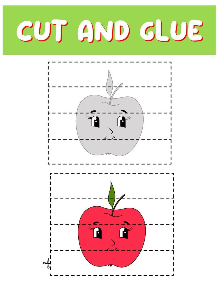 Cut and glue game for kids . Puzzles with an apple. Children funny entertainment and amusement.Vector illustration. Cutting practice for preschoolers. vector