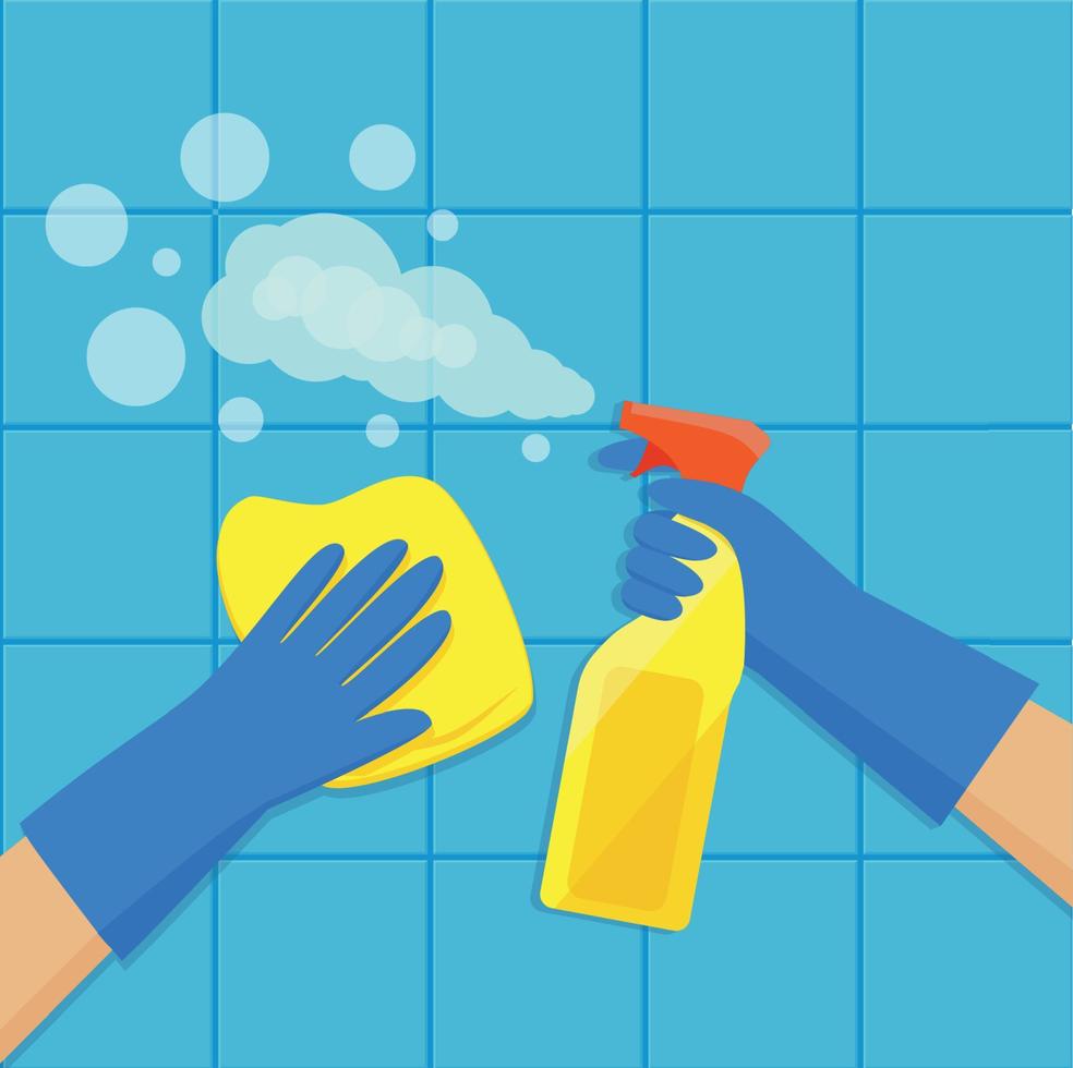 A gloved hand holds a bottle of antiseptic spray. Cleaning service. Vector illustration in flat style