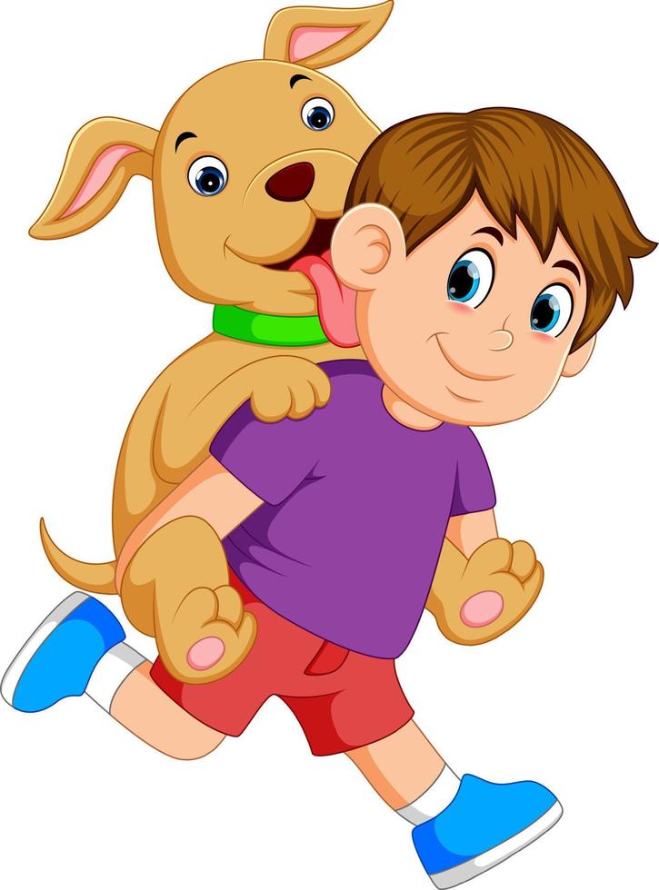 a boy with a purple cloth and red pant is pickaback his cute dog vector