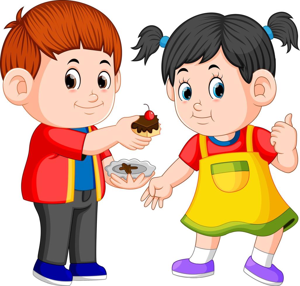 un niño dándole a su novia un trozo de pastel en un plato vector