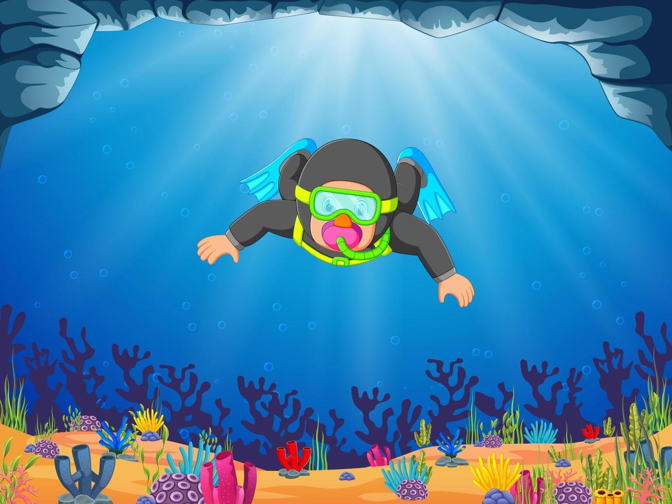 a professional man diver is diving with the blue flippers vector